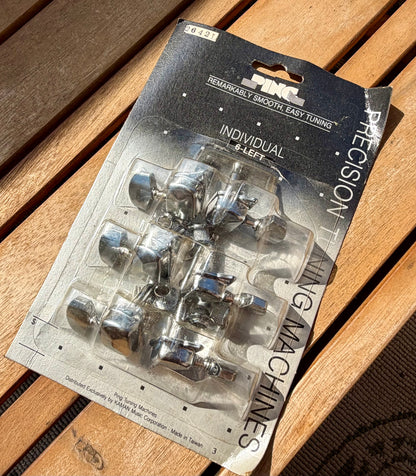 NOS Ping P2642-6L Chrome Economy Covered Tuners — 6-in-line set for standard right-handed Strat/Tele-style headstocks.