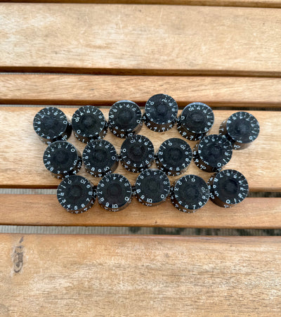 Lot of 16 Black 0-10 Speed Knobs 18-Spline Metric Epiphone Les Paul SG Style—NOS!